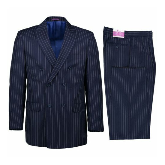 VINCI Men's Blue Pinstripe Double Breasted 6 Button Classic Fit Suit NEW image {3}