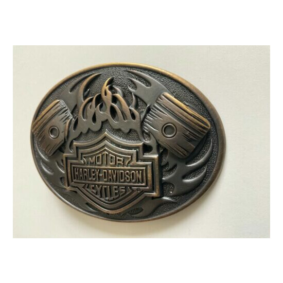 Rare Harley-Davidson mens Bar&Shield w/Pistons belt buckle.Antique brass plaited image {4}