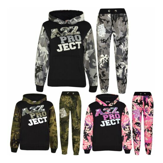 Boys Girls Tracksuit Kids A2Z Camouflage Hooded Top Bottom Jogging Suit 5-13 Yr image {1}