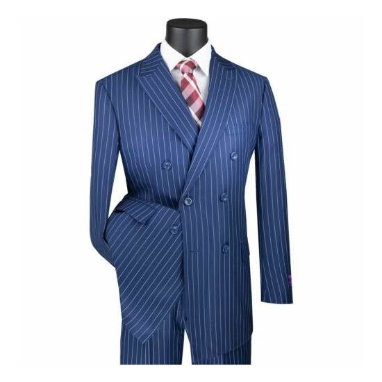 VINCI Men's Blue Pinstripe Double Breasted 6 Button Classic Fit Suit NEW Thumb {1}