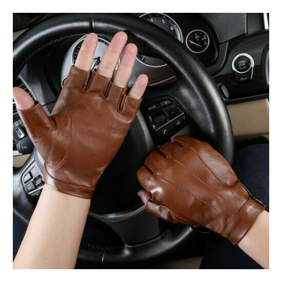 Men Half Finger Gloves Neutral Leather Goat Leather Black Camel Driving Mittens  image {1}