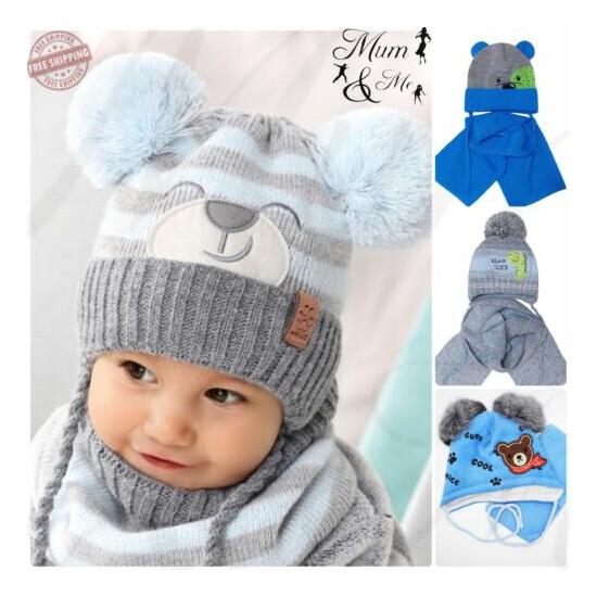 Kids Baby Boys Hat With Scarf Knitted Autumn Winter Cap with Scarf Tie up Set  image {1}