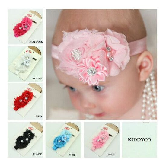 Baby Infant Toddler Girls Satin Flower Headband with Diamante Accent 0-18m image {1}