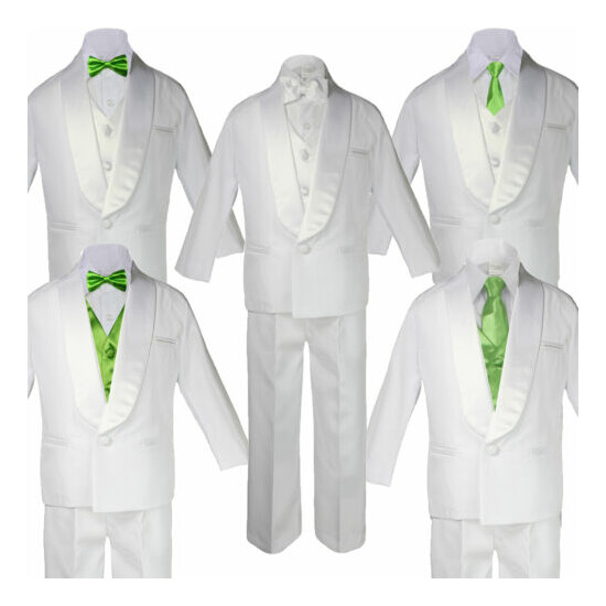 Baby Boy Teen White Shawl Lapel Party Suit to Choose LIME Satin Bow Necktie Vest image {1}