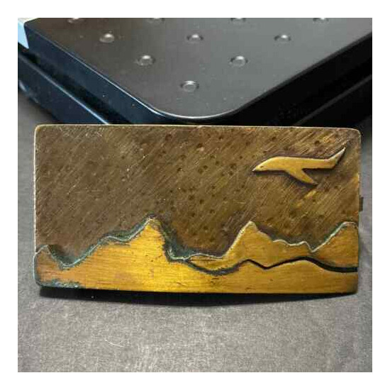 Vintage Handcrafted Artisan Brass Airline Airplane Mountains Tooled Belt Buckle image {1}