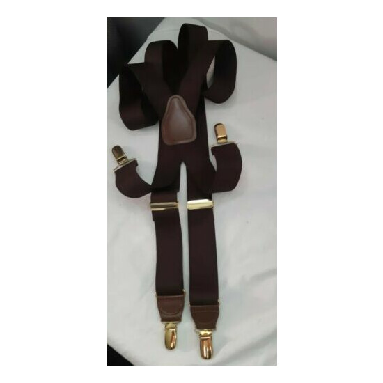 VTG PELICAN USA dark brown solid suspenders brass clips EUC image {6}