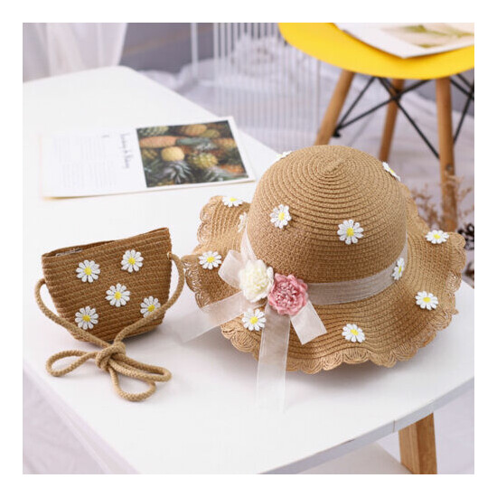 Girls 2-8 Age Straw Hat Tourism Sun Hat Flower Children Sun Hat And Bag Set image {4}