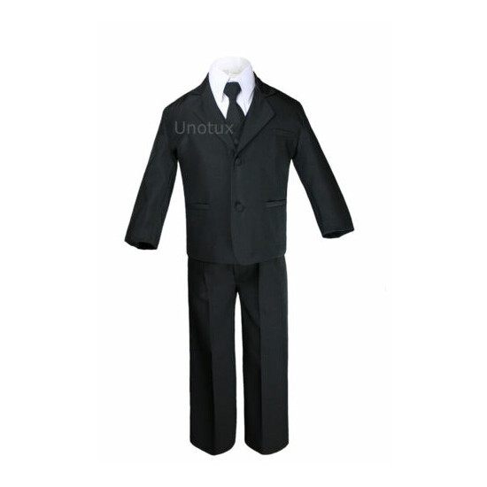 7pcs Baby Boy Teen Formal Wedding Party Black Tuxedo Suits + Color Vest Tie Set image {3}