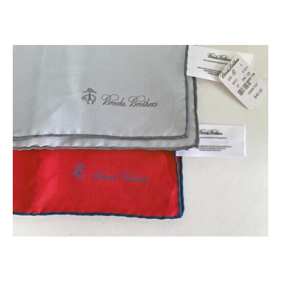 2 New Brooks Brothers 100% Silk Pocket Square 17x17 Grey, Red w/ Blue **NWT image {1}