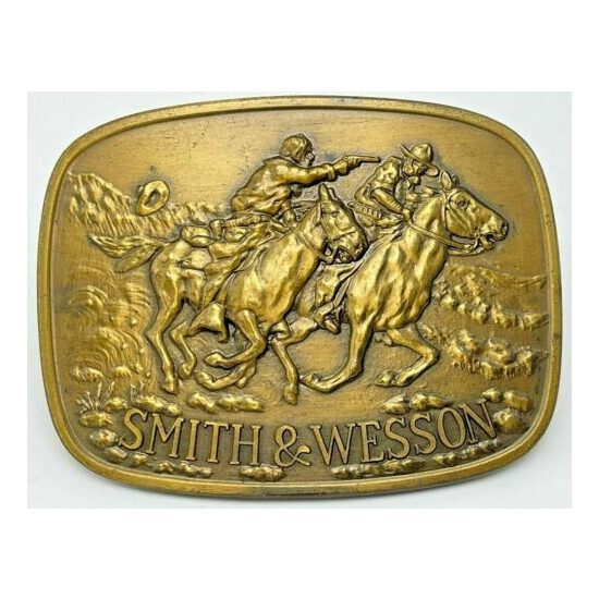 Vintage 1981 Smith & Wesson Horse Thief Brass Belt Buckle Western Cowboy image {1}