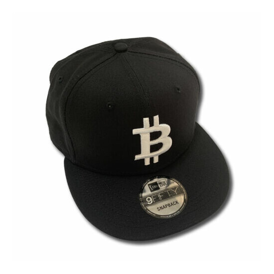 Bitcoin Flat Bill Snapback Cap Solid Black w/White 3D Puff Embroidery Thumb {1}