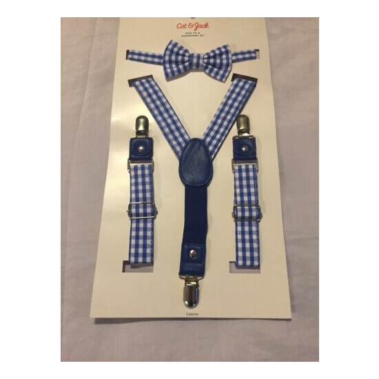 New Cat & Jack Toddler Boys White Blue Plaid Bow Tie & Suspenders Set Size 2T-5T image {1}