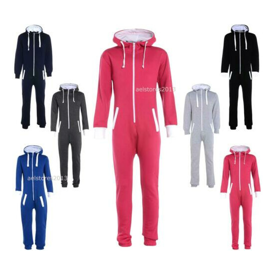 Kids Plain Hooded 1onesie All In One Jumpsuit Boys Girls Playsuit Sizes 5-16 Yrs image {1}