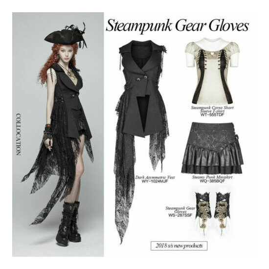 Steampunk Palace noble Metal parts Club Black Fingerless Transparent Lace Gloves image {2}