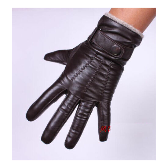 Men's Brown Fashion Genuine Lambskin Leather Wrist Gloves 3 Lines Touch Screen image {2}