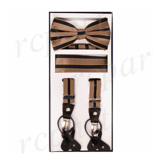 New in box Convertible Elastic Suspender _Bowtie & Hankie Mocca Black extra long image {2}