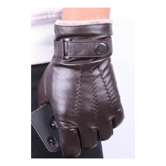 Men's Brown Fashion Genuine Lambskin Leather Wrist Gloves 3 Lines Touch Screen image {1}