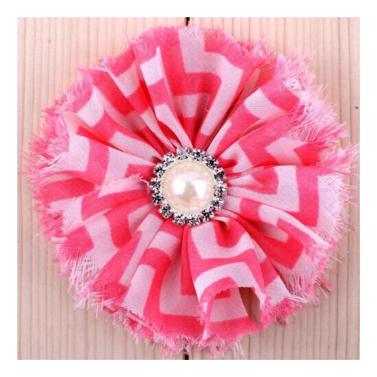 50pcs 3.6" Chiffon Fuzzy Edge Shabby Flower For Girls Striped Leopard With Pearl image {4}