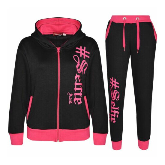 Kids #SELFIE Black Pink Tracksuit Hoodie Sweatpants Zipper Joggers Set Girls image {1}