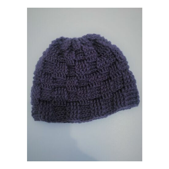 Toddler Crochet Beanie 100% Merino, 5.5" length, Purple Basketweave design image {2}