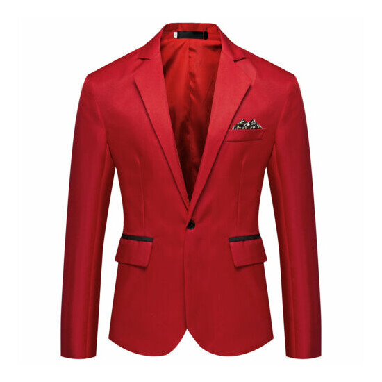 Men Slim Fit Suit Jacket Office Notch Lapel One-Button Flap Pockets Blazer Top image {2}