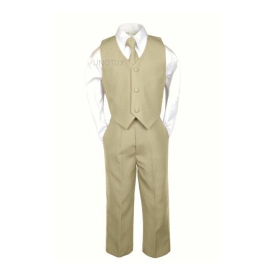 New 5pc Khaki Baby Toddler Teen Boys Wedding Formal Vest Necktie Tuxedo Suits  image {3}
