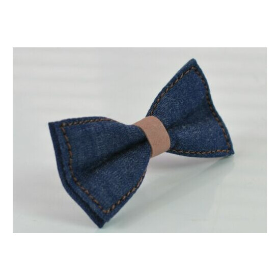 Boy Kids Navy Blue Denim Caramel Faux Leather Bow tie + Brown Leather Suspenders image {4}