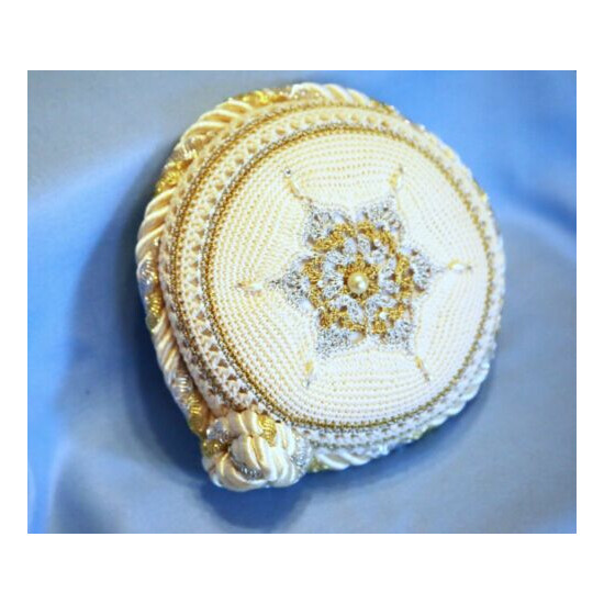 Exquisite Hand Crocheted New Women's Kippa w/Pearl & Rhinestone Accents image {3}
