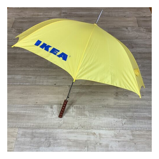 IKEA Yellow Handheld Umbrella with Wooden Handle 34.5" long Blue IKEA Lettering  Thumb {1}
