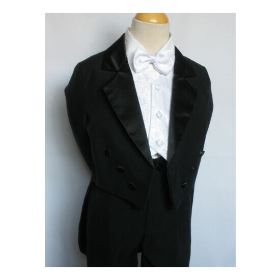 Infant Toddler Boy Formal Tuxedo black/wht vest brocade 5 pc Suit set size S-20 image {7}