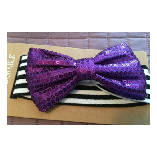 Infant Baby Halloween 1 Piece Headwrap Black White Stripes Purple Sequined Bow image {1}
