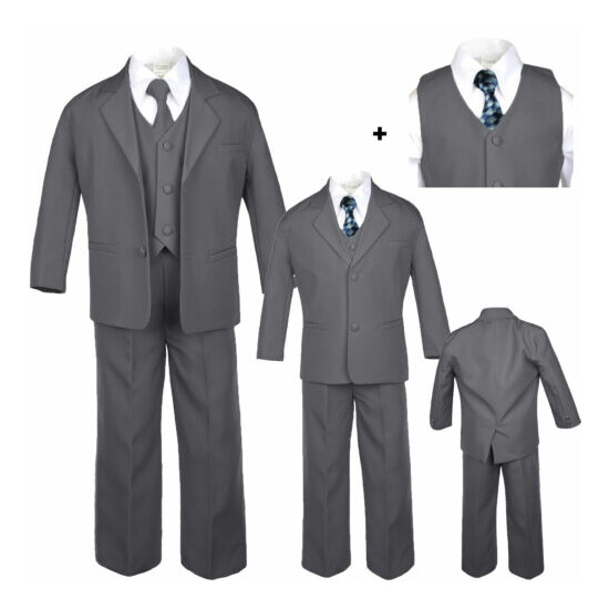Baby Toddler Teen Boy Formal Wedding Dark Grey Tuxedo Suit choose a Stylish Tie image {1}