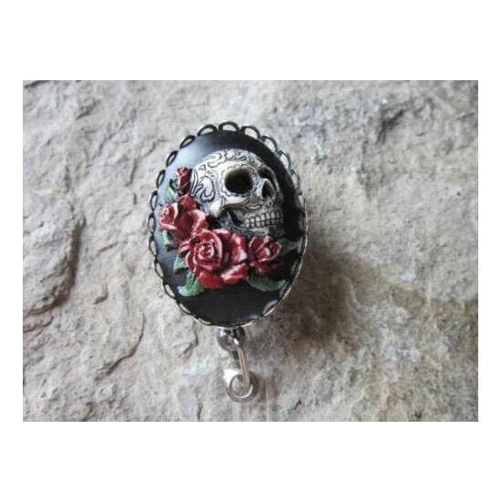 Skull and Roses Hand Painted Cameo ID Badge Holder - Lanyard - Goth - Red/Green image {1}