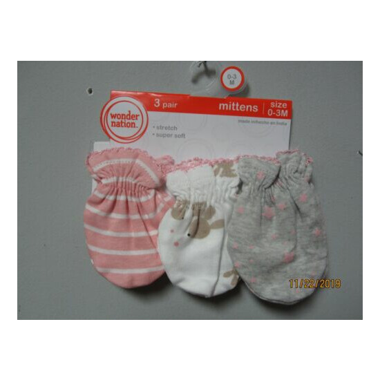 NOW 2 PKS TTL6 Wonder Nation Baby Girl 3-Pair Pink/Gray Rabbit Mittens Size 0-3M image {2}