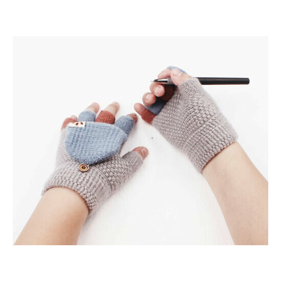 Kids Winter Warm Knit Fingerless Mitten Soft Convertible Flip Top Gloves image {2}