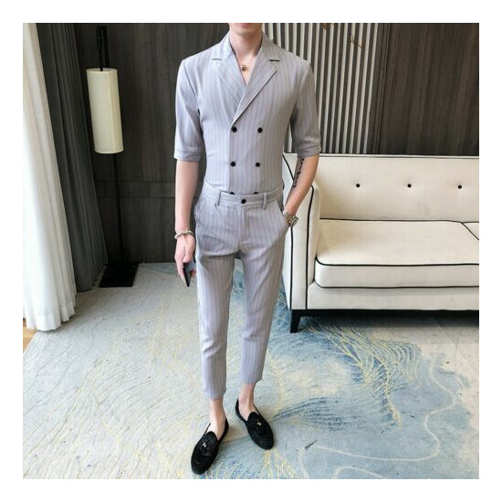 Men 2PCS Suit Striped Slim Fit Tights Pants Lapel Shirt Party Nightclub Blazer L image {5}