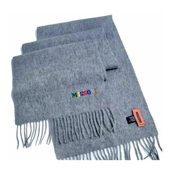 Missoni Scarf 100% Wool Embroidered Logo Made In Italy Unisex Gray image {1}