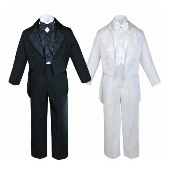L Infant Toddler Boy Wedding Easter Formal Paisley Tail Tuxedo Suit White Black image {1}