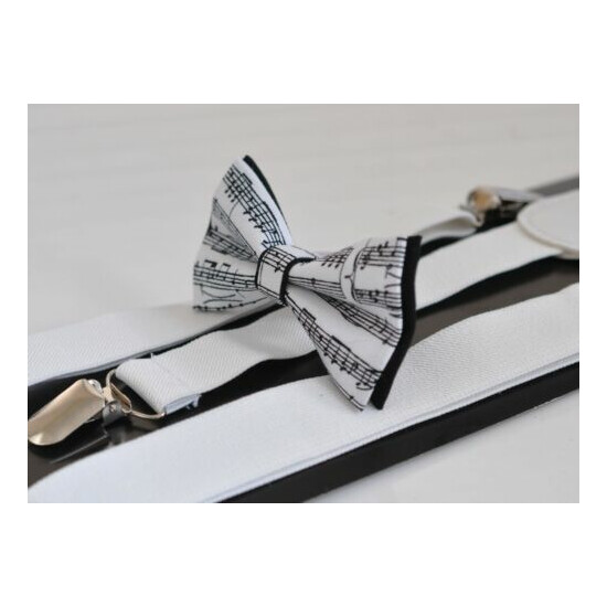 Black Sheet Music Notes Bow tie + White Suspenders for Men / Youth / Boy / Baby image {1}