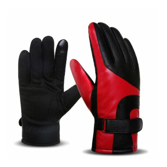 New Men's Wool Lining Black Leather Mittens Winter Warm Cycling Driving Gloves image {3}