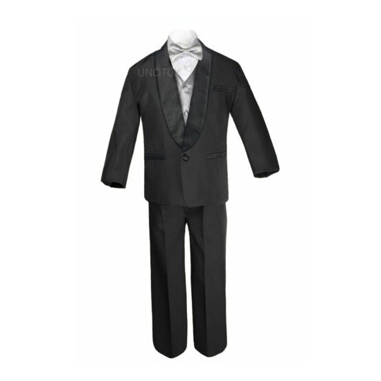 Boys Satin Shawl Lapel Suits Tuxedos EXTRA Silver Bow Tie Vest Sets Outfits S-18 image {2}