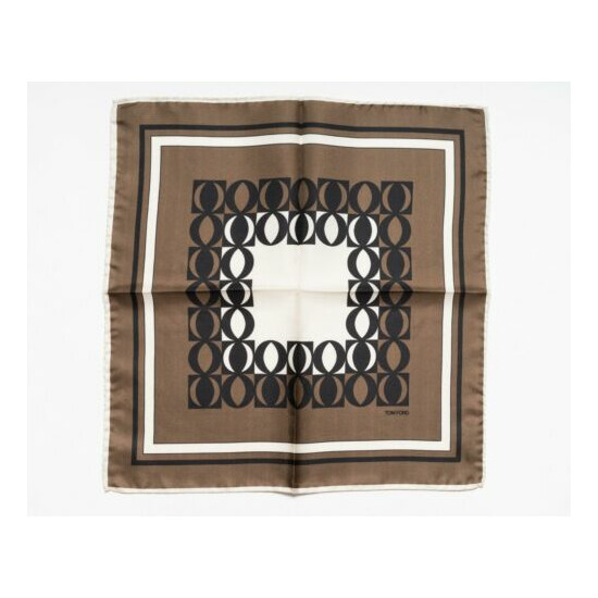 Tom Ford New $180 Brown Black Ivory Geometric Pattern 100% Silk Pocket Square image {1}