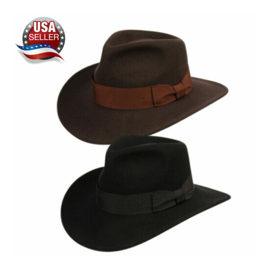 Premium Wool Felt Indiana Jones Fedora Hat w/Grosgrain Band Crushable Outback image {1}