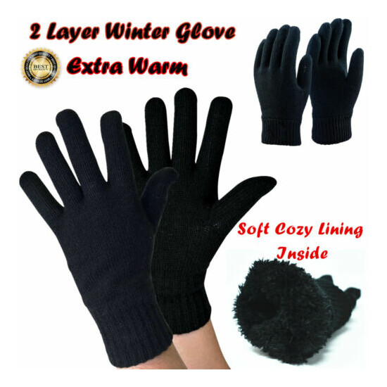 Mens Womens Winter Knit Thermal Insulated Warm Soft Cozy Lining Black Gloves Lot image {1}