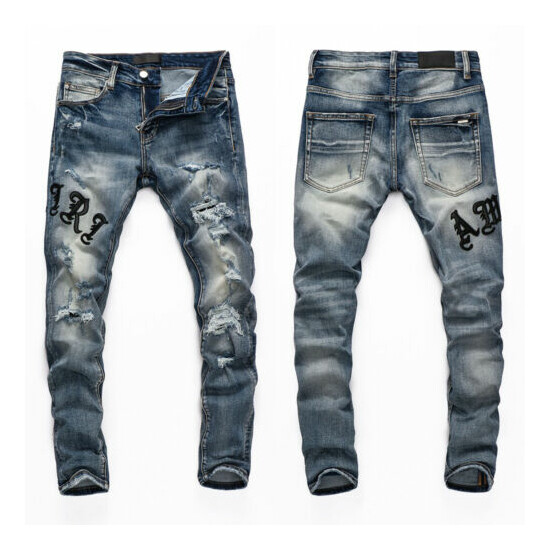New Italy Pop Style Men's Pants Ripped Logo Embroidered Skinny Blue Jeans A8304T image {1}