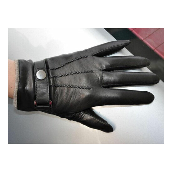 Men's Black Deluxe Fashion Genuine Goat Leather Wrist Gloves 3Lines Touch Screen image {2}