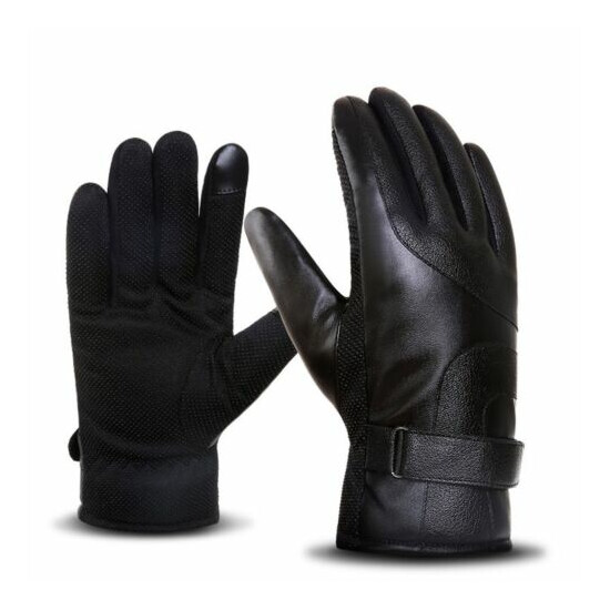 New Men's Wool Lining Black Leather Mittens Winter Warm Cycling Driving Gloves image {1}