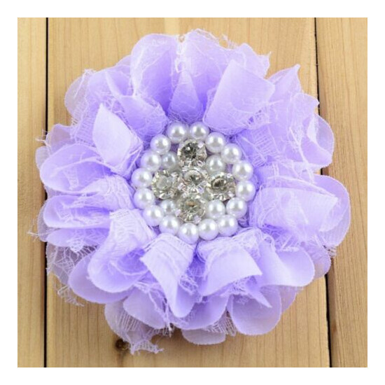 50pcs Lace Shabby Chiffon Flower+Rhinestones Pearls For Headband Hair Accessory image {4}
