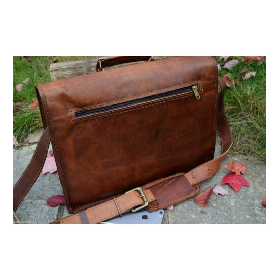 Vintage Goat Leather messenger Real satchel bag genuine Laptop brown briefcase  image {4}