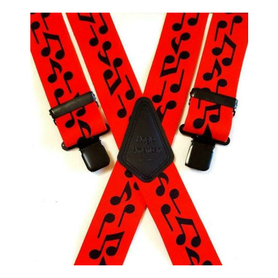 Mens Braces 2" or 1.5" Heavy Duty Jazz Music Red Black Notes Black Clips Work image {1}